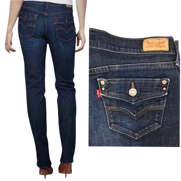 Levi’s Wmns Sz 28x32 505 Straight Leg Dark Wash Jeans w Faux-Flap Pockets Casual - Picture 1 of 16